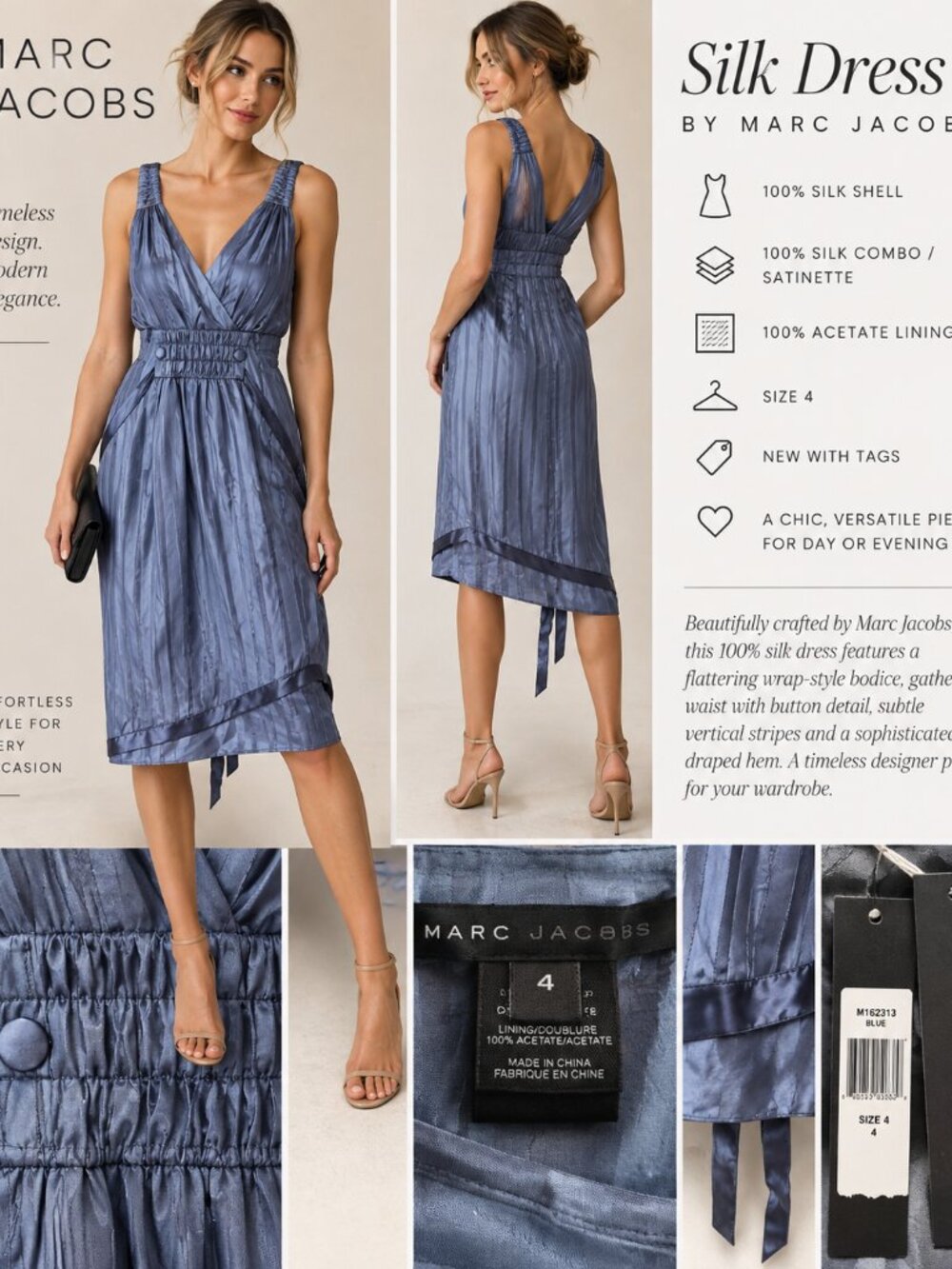 Marc Jacobs NWT 100% Silk Blue Striped Dress Size 4